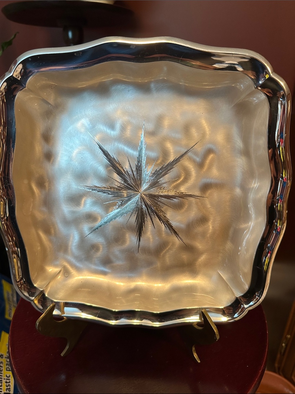 Vintage Square Silver Plated Decorative Tray with Starburst Etching